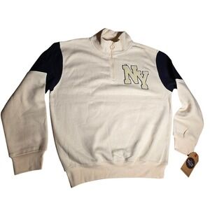 New York Popular Men Quarter Zip NWT Sweatshirt Cream Navy NY Patch Fleece Large